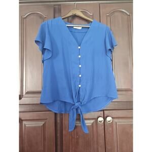 Roshop Blue Women's Top Blouse Tie Front Flared Sleeve Size Large